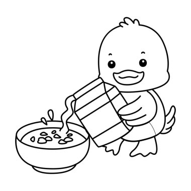 Şirin ördek ikonu. Komik bebek ördek hayvan serisi örnekleri. Yumuşak Ördek Tasarımları 'nın hayatı. Ördeğin ana hatlarıyla mısır gevreği kasesine süt dökülüyor.