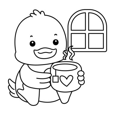 Şirin ördek ikonu. Komik bebek ördek hayvan serisi örnekleri. Yumuşak Ördek Tasarımları 'nın hayatı. Sıcak çay içen ördeğin taslağı.