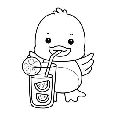 Şirin ördek ikonu. Komik bebek ördek hayvan serisi örnekleri. Yumuşak Ördek Tasarımları 'nın hayatı. Portakal suyu içen ördeğin taslağı