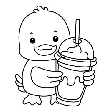 Şirin ördek ikonu. Komik bebek ördek hayvan serisi örnekleri. Yumuşak Ördek Tasarımları 'nın hayatı. Ördek çizgisi, milkshake getir.