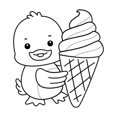 Şirin ördek ikonu. Komik bebek ördek hayvan serisi örnekleri. Yumuşak Ördek Tasarımları 'nın hayatı. Ördek çizgisi Çilekli dondurma getir