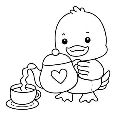 Şirin ördek ikonu. Komik bebek ördek hayvan serisi örnekleri. Yumuşak Ördek Tasarımları 'nın hayatı. Çaydanlıktan çay dolduran ördeğin ana hatları.