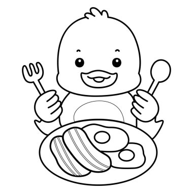 Şirin ördek ikonu. Komik bebek ördek hayvan serisi örnekleri. Yumuşak Ördek Tasarımları 'nın hayatı. Ördeğin dış hatları pastırma ve yumurta yemek istiyor.