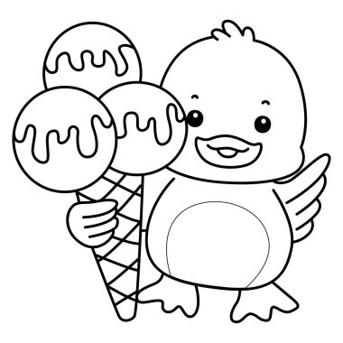 Şirin ördek ikonu. Komik bebek ördek hayvan serisi örnekleri. Yumuşak Ördek Tasarımları 'nın hayatı. Ördeğin ana hatlarıyla üç top dondurma getir.