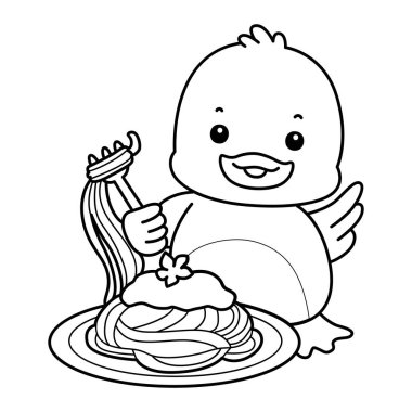 Şirin ördek ikonu. Komik bebek ördek hayvan serisi örnekleri. Yumuşak Ördek Tasarımları 'nın hayatı. Ördeğin ana hatları spagetti yemek istiyor.