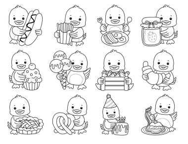 Şirin ördek ikonu. Komik bebek ördek hayvan serisi örnekleri. Yumuşak Ördek Tasarımları 'nın hayatı. Ördek ana hatlarıyla fast food ve tatlı çeşitleri.