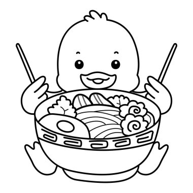 Şirin ördek ikonu. Komik bebek ördek hayvan serisi örnekleri. Yumuşak Ördek Tasarımları 'nın hayatı. Ördeğin ana hatları erişte yemek istiyor.