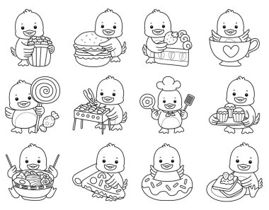 Şirin ördek ikonu. Komik bebek ördek hayvan serisi örnekleri. Yumuşak Ördek Tasarımları 'nın hayatı. Ördeğin ana hatları abur cubur ve abur cubur çeşitleri.