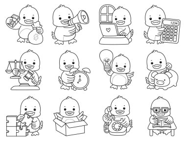 Şirin ördek ikonu. Komik bebek ördek hayvan serisi örnekleri. Yumuşak Ördek Tasarımları 'nın hayatı. Para ve finans çeşitliliğindeki ördek taslağı