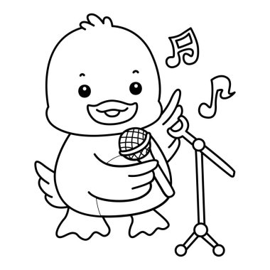 Şirin ördek ikonu. Komik bebek ördek hayvan serisi örnekleri. Yumuşak Ördek Tasarımları 'nın hayatı. Ördek çizgisi Mikrofonla şarkı söylüyor