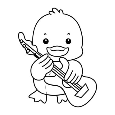 Şirin ördek ikonu. Komik bebek ördek hayvan serisi örnekleri. Yumuşak Ördek Tasarımları 'nın hayatı. Ördek çizgisi Gitar getir