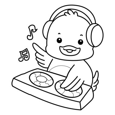 Şirin ördek ikonu. Komik bebek ördek hayvan serisi örnekleri. Yumuşak Ördek Tasarımları 'nın hayatı. Barda disk çalan ördeğin taslağı.