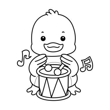 Şirin ördek ikonu. Komik bebek ördek hayvan serisi örnekleri. Yumuşak Ördek Tasarımları 'nın hayatı. Karnavalda davul çalan ördek taslağı.