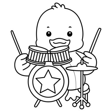 Şirin ördek ikonu. Komik bebek ördek hayvan serisi örnekleri. Yumuşak Ördek Tasarımları 'nın hayatı. Ördek çizgisi bandoda davul çalıyor.