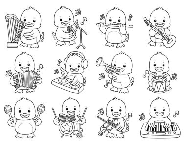 Şirin ördek ikonu. Komik bebek ördek hayvan serisi örnekleri. Yumuşak Ördek Tasarımları 'nın hayatı. Enstrüman ve müzik çeşitlerindeki ördek taslağı