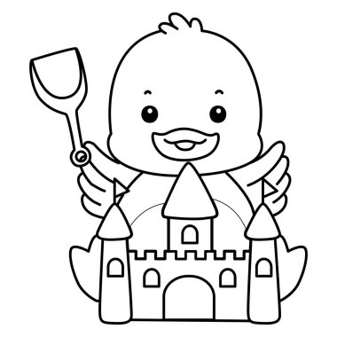 Şirin ördek ikonu. Komik bebek ördek hayvan serisi örnekleri. Yumuşak Ördek Tasarımları 'nın hayatı. Kumdan bir kalede oynayan ördek çizgisi