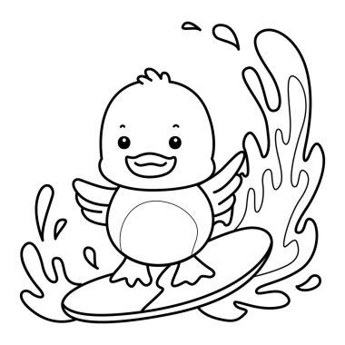 Şirin ördek ikonu. Komik bebek ördek hayvan serisi örnekleri. Yumuşak Ördek Tasarımları 'nın hayatı. Sörf yapan ördeğin ana hatları