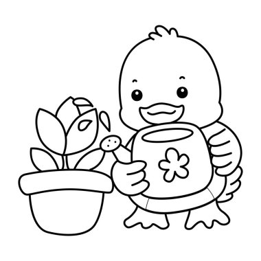 Şirin ördek ikonu. Komik bebek ördek hayvan serisi örnekleri. Yumuşak Ördek Tasarımları 'nın hayatı. Bitkileri sulayan ördeğin ana hatları