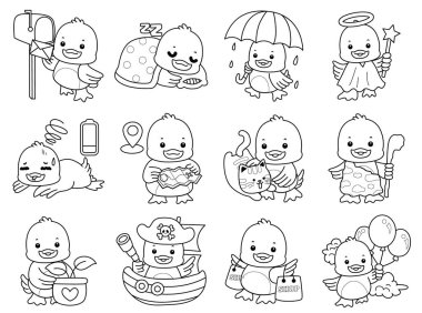 Şirin ördek ikonu. Komik bebek ördek hayvan serisi örnekleri. Yumuşak Ördek Tasarımları 'nın hayatı. Rastgele aktivite çeşitliliğindeki ördek ana hatları