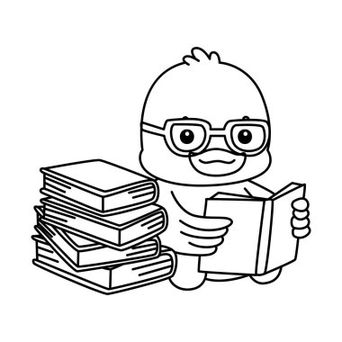 Şirin ördek ikonu. Komik bebek ördek hayvan serisi örnekleri. Yumuşak Ördek Tasarımları 'nın hayatı. Kitap okuyan ördek taslağı.