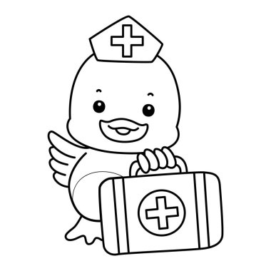 Şirin ördek ikonu. Komik bebek ördek hayvan serisi örnekleri. Yumuşak ördek tasarımı. Ördeğin ana hatları. İlk yardım çantasını getirin.