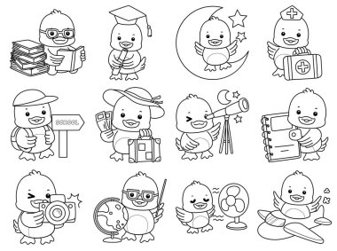 Şirin ördek ikonu. Komik bebek ördek hayvan serisi örnekleri. Yumuşak Ördek Tasarımları 'nın hayatı. Akıllı ve eğitimli ördek türünün ana hatları