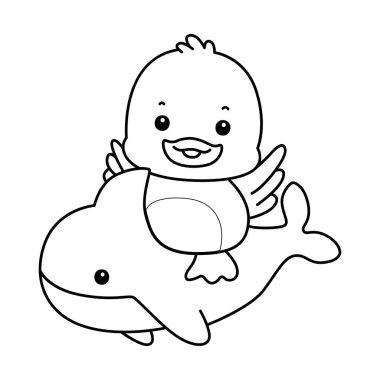 Şirin ördek ikonu. Komik bebek ördek hayvan serisi örnekleri. Yumuşak Ördek Tasarımları 'nın hayatı. Köpekbalığına binen ördek çizgisi
