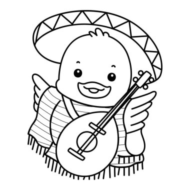 Şirin Ördek Cadılar Bayramı ikonu. Komik bebek ördek hayvan serisi Cadılar Bayramı illüstrasyonu. İndiana kostümü giyen ördek çizgisi.