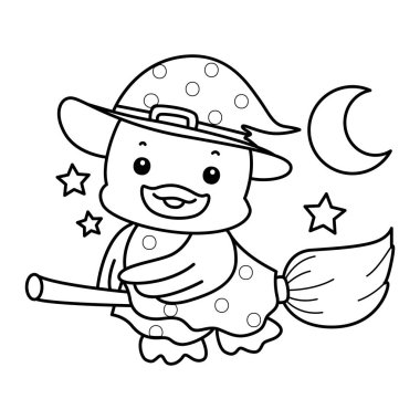 Şirin Ördek Cadılar Bayramı ikonu. Komik bebek ördek hayvan serisi Cadılar Bayramı illüstrasyonu. Süpürge sopasıyla uçan ördek çizgisi