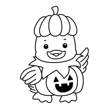 Şirin Ördek Cadılar Bayramı ikonu. Komik bebek ördek hayvan serisi Cadılar Bayramı illüstrasyonu. Kabak kostümü giyen ördek çizgisi