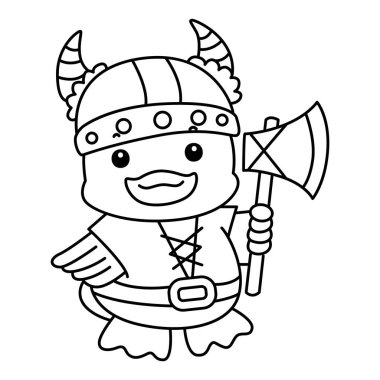 Şirin Ördek Cadılar Bayramı ikonu. Komik bebek ördek hayvan serisi Cadılar Bayramı illüstrasyonu. Viking kostümü giyen ördek çizgisi.