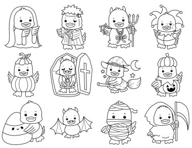 Şirin Ördek Cadılar Bayramı ikonu. Komik bebek ördek hayvan serisi Cadılar Bayramı illüstrasyonu. Cadılar bayramı partisinin varyasyonunda ördek çizgisi