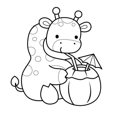 Zürafa hayvan çocukların komik çıkartması. Hindistan cevizi içen zürafa taslağı.