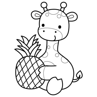 Zürafa hayvan çocukların komik çıkartması. Zürafa çizgisi bir ananas getiriyor.