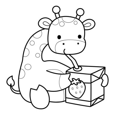 Zürafa hayvan çocukların komik çıkartması. Çilekli süt içen zürafanın taslağı.