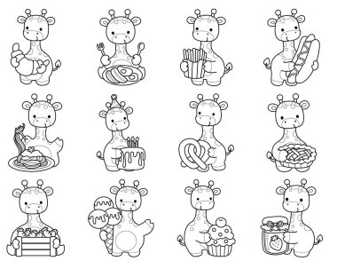 Zürafa hayvan çocukların komik çıkartması. Abur cubur ve abur cubur çeşitlerinin ana hatları.