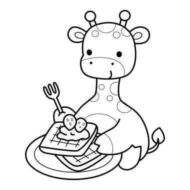 Zürafa hayvan çocukların komik çıkartması. Zürafanın ana hatları çilekli ekmek yemek istiyor.