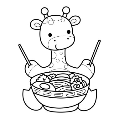 Zürafa hayvan çocukların komik çıkartması. Zürafanın ana hatları ramen yemek istiyor.