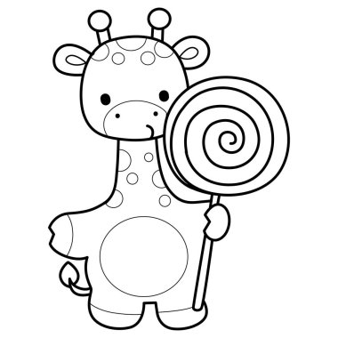 Zürafa hayvan çocukların komik çıkartması. Zürafa çizgisi bir lolipop getiriyor.