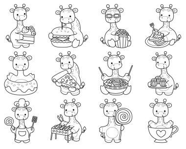 Zürafa hayvan çocukların komik çıkartması. Fast food ve tatlı çeşitleri içinde zürafa taslağı.