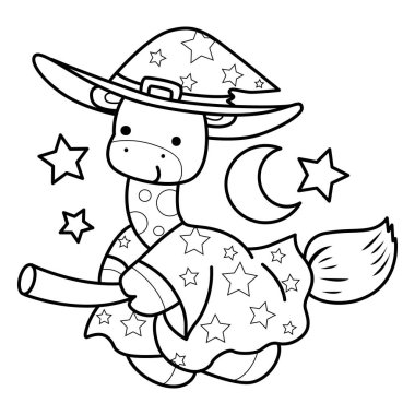 Cadılar Bayramı temalı şirin zürafa hayvanları. Süpürge sopasıyla uçan cadı zürafanın taslağı.