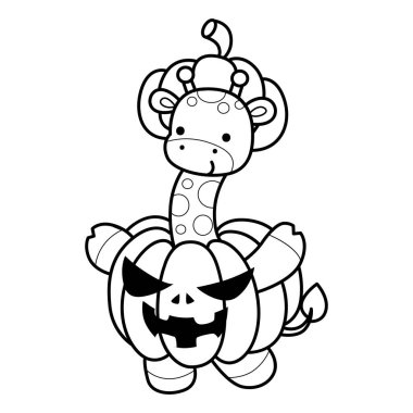 Cadılar Bayramı temalı şirin zürafa hayvanları. Kabak kostümlü zürafanın taslağı.