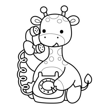 Zürafa hayvan çocukların komik çıkartması. Birini telefonla arayan zürafa taslağı.