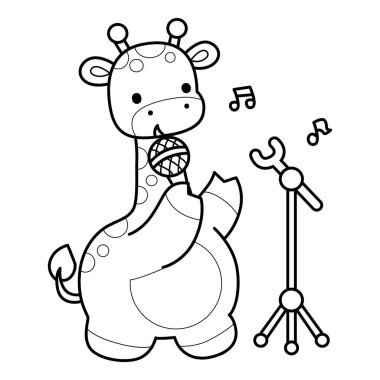 Çeşitli aktiviteleri olan sevimli zürafa hayvanları. Zürafa çizgisi mikrofonla şarkı söylüyor.