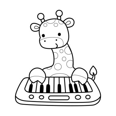 Çeşitli aktiviteleri olan sevimli zürafa hayvanları. Piyano çalan zürafa taslağı.
