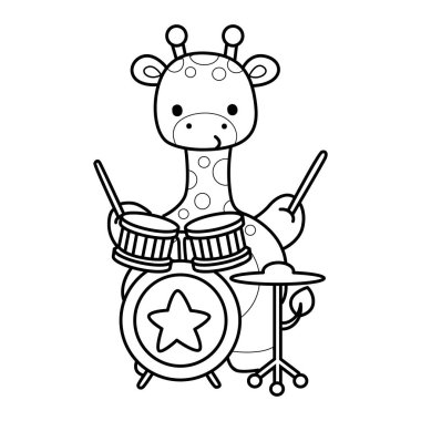 Çeşitli aktiviteleri olan sevimli zürafa hayvanları. Grupta davul çalan zürafa taslağı.