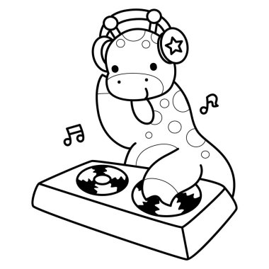 Çeşitli aktiviteleri olan sevimli zürafa hayvanları. Kulüpte disk çalan zürafa taslağı.