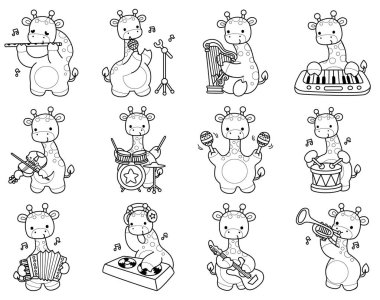 Çeşitli aktiviteleri olan sevimli zürafa hayvanları. Müzik ve enstrüman çeşitliliğinde zürafa taslağı