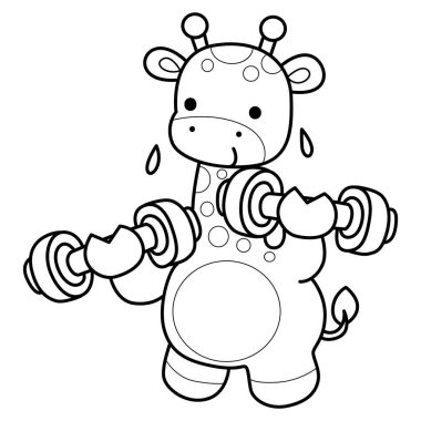 Çeşitli aktiviteleri olan sevimli zürafa hayvanları. Bir halteri kaldıran zürafa taslağı.