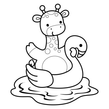 Çeşitli aktiviteleri olan sevimli zürafa hayvanları. Flamingo lastikli zürafa taslağı.